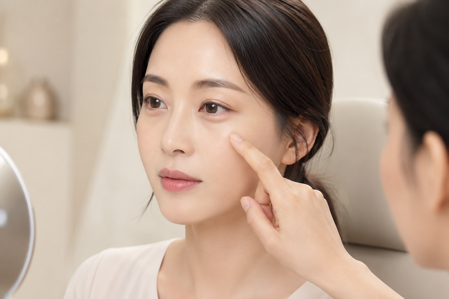 부드러운 측면 조명 아래 눈 밑과 앞광대의 볼륨 경계를 살펴보는 여성의 얼굴