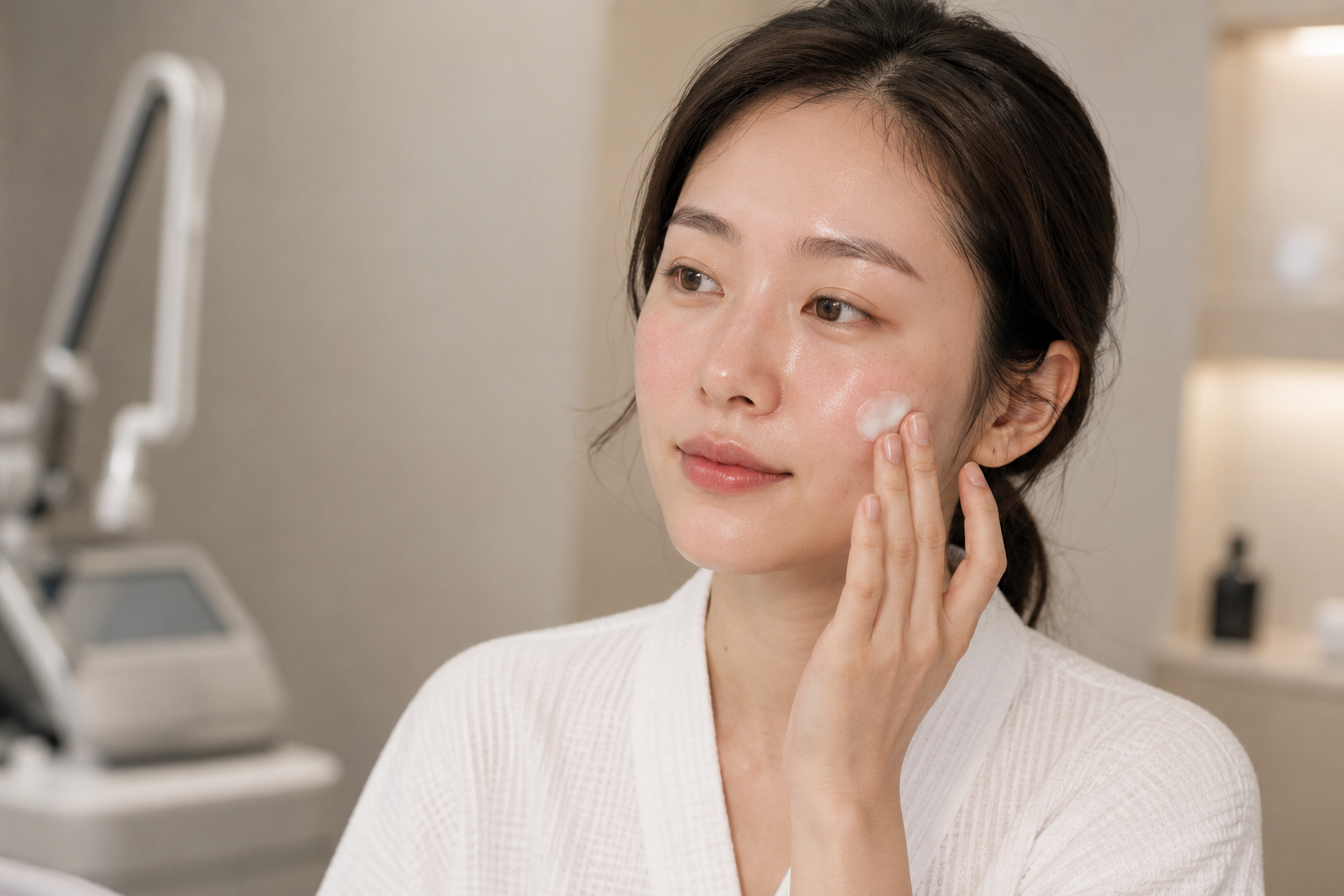 피부 레이저 시술 후 붉어진 볼에 저자극 보습크림을 바르며 피부장벽을 관리하는 여성