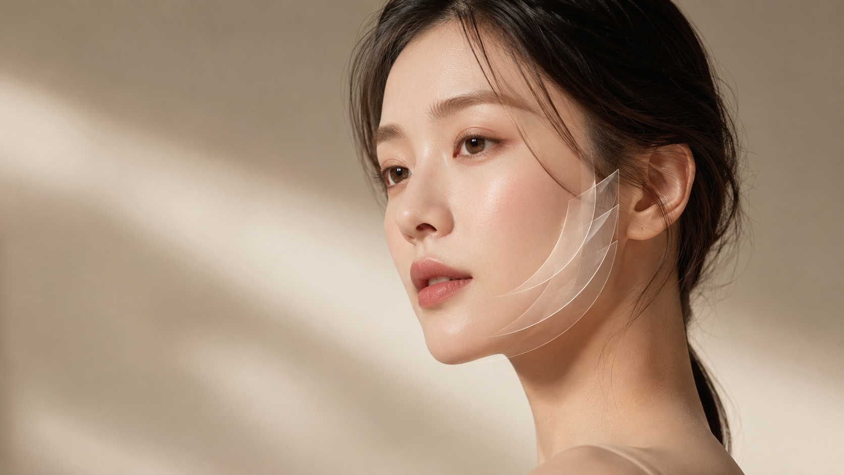 안면윤곽 수술 후 피부 탄력과 볼처짐 원리를 표현한 한국 여성의 프리미엄 뷰티 에디토리얼 이미지