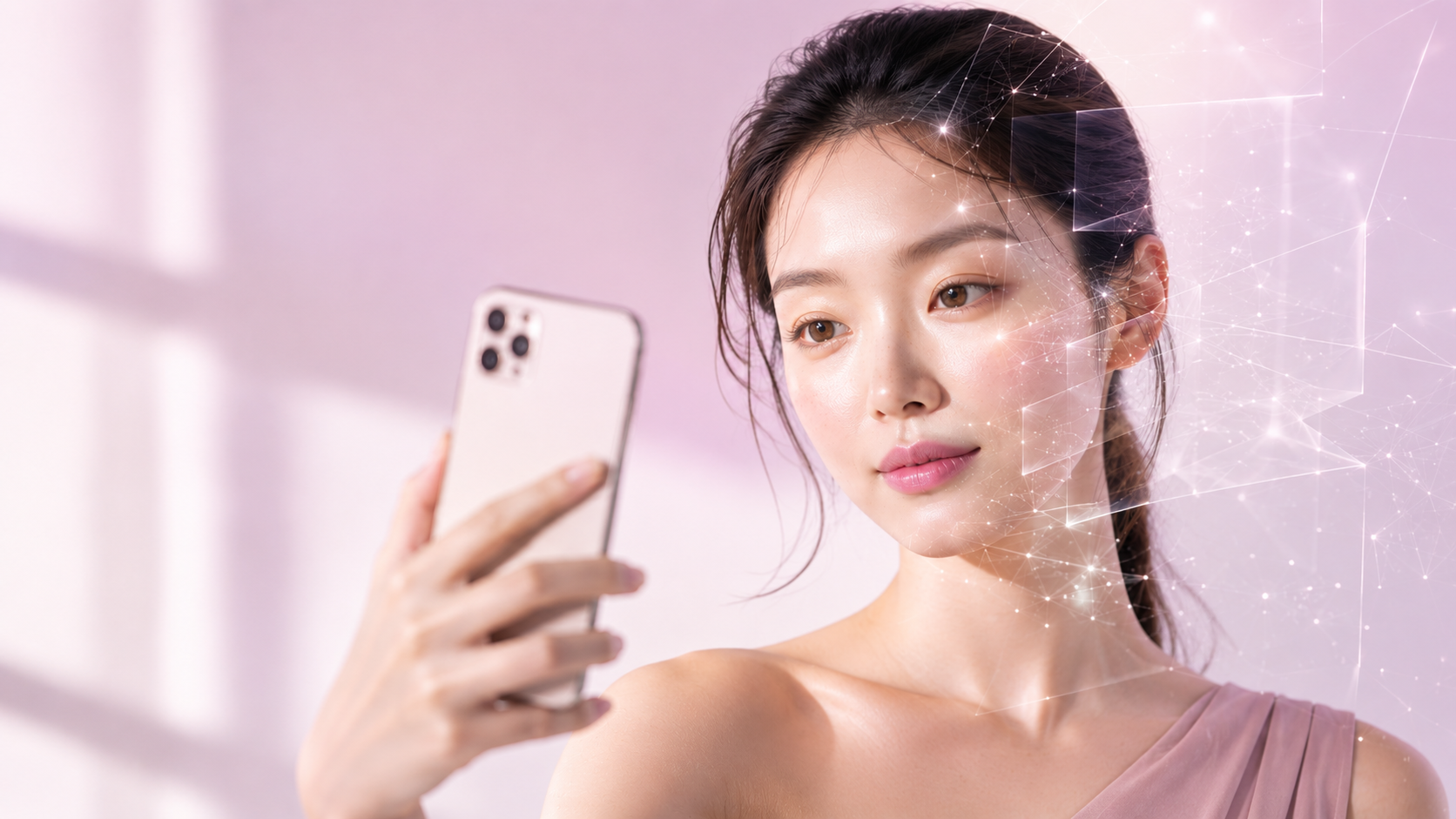 SNS 무보정 셀카와 AI 이미지 처리의 차이를 상징적으로 표현한 한국인 여성 뷰티 에디토리얼 이미지