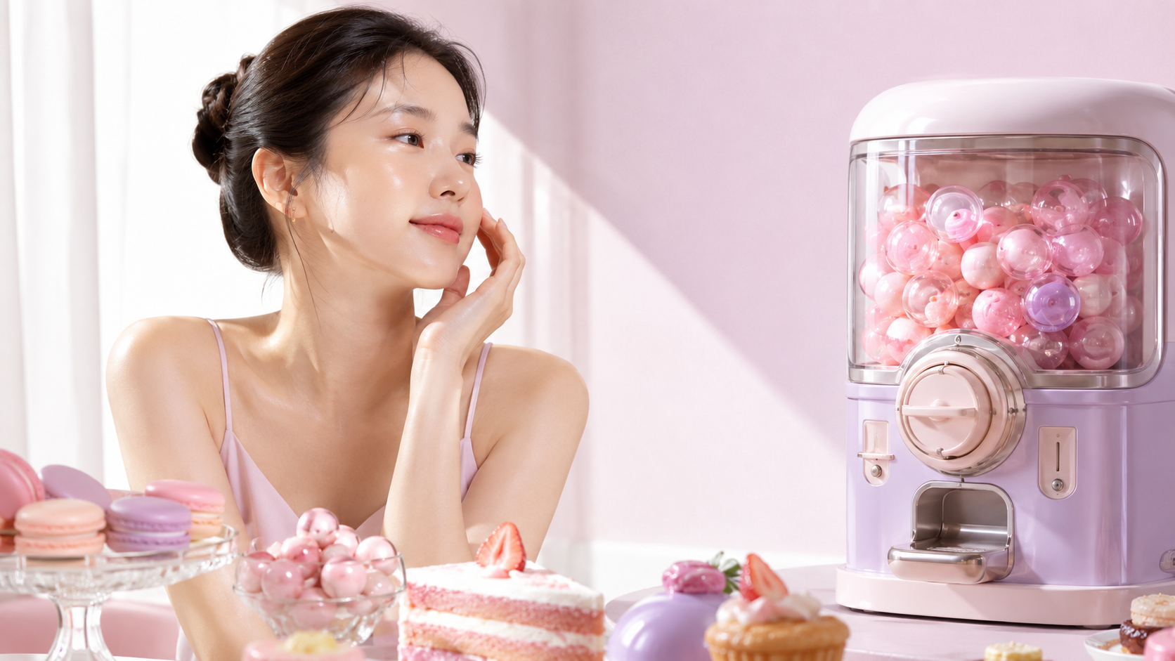 파스텔톤 디저트와 사탕이 놓인 테이블 앞에서 자신의 피부를 살펴보는 20대 한국인 여성, 단 음식과 여드름의 관계를 표현한 뷰티 매거진 스타일 이미지