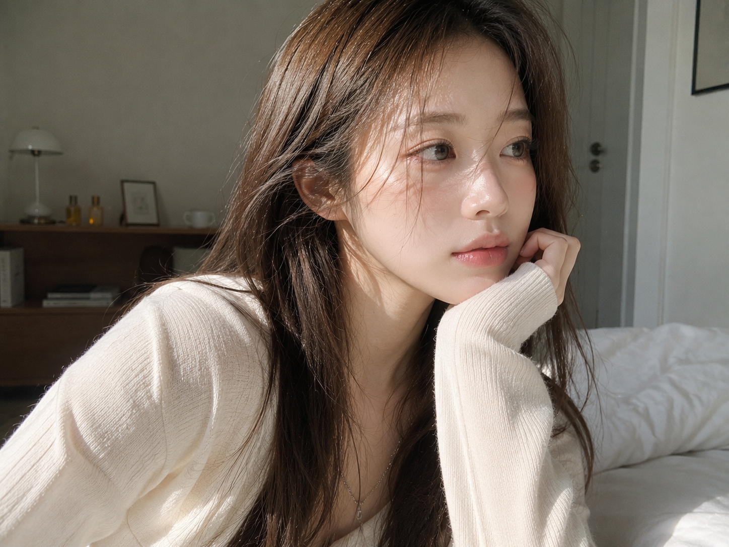 거울을 보며 피부 상태를 확인하는 한국인 여성과 자연스러운 피부 회복 과정을 표현한 뷰티 에디토리얼 이미지
