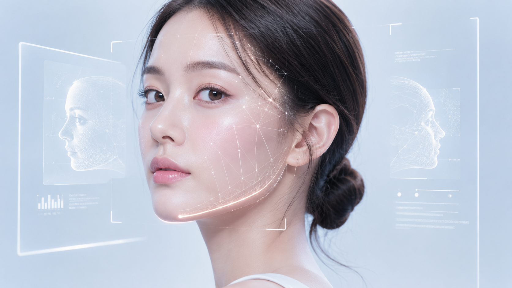 AI 얼굴 분석 그래픽과 자연스러운 실제 얼굴이 조화를 이루는 미래형 뷰티 콘셉트 이미지