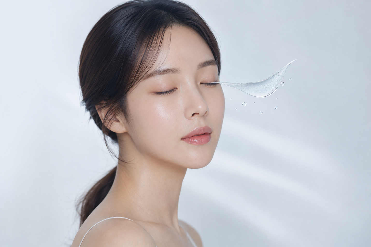 꺼풀 수술 후 눈꺼풀이 완전히 닫히지 않아 각막이 노출될 수 있는 상태를 실제 얼굴과 투명한 눈물막 도해로 설명한 이미지