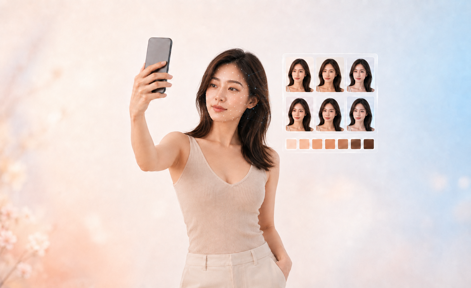 셀카를 촬영하는 얼굴 옆에 조명·카메라·피부톤에 따른 AI 피부 분석 오차를 투명한 격자와 청색 레이어로 표현한 이미지