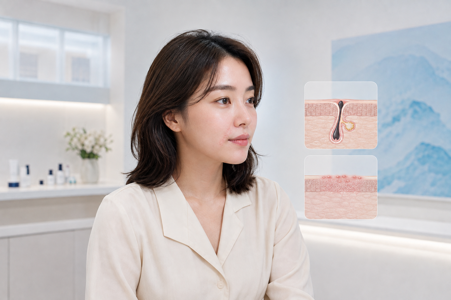 입술 경계 바깥에 작은 돌기와 건조감이 나타난 입 주변 피부를 여드름 모낭 구조와 함께 비자극적으로 설명한 피부과 상담 이미지