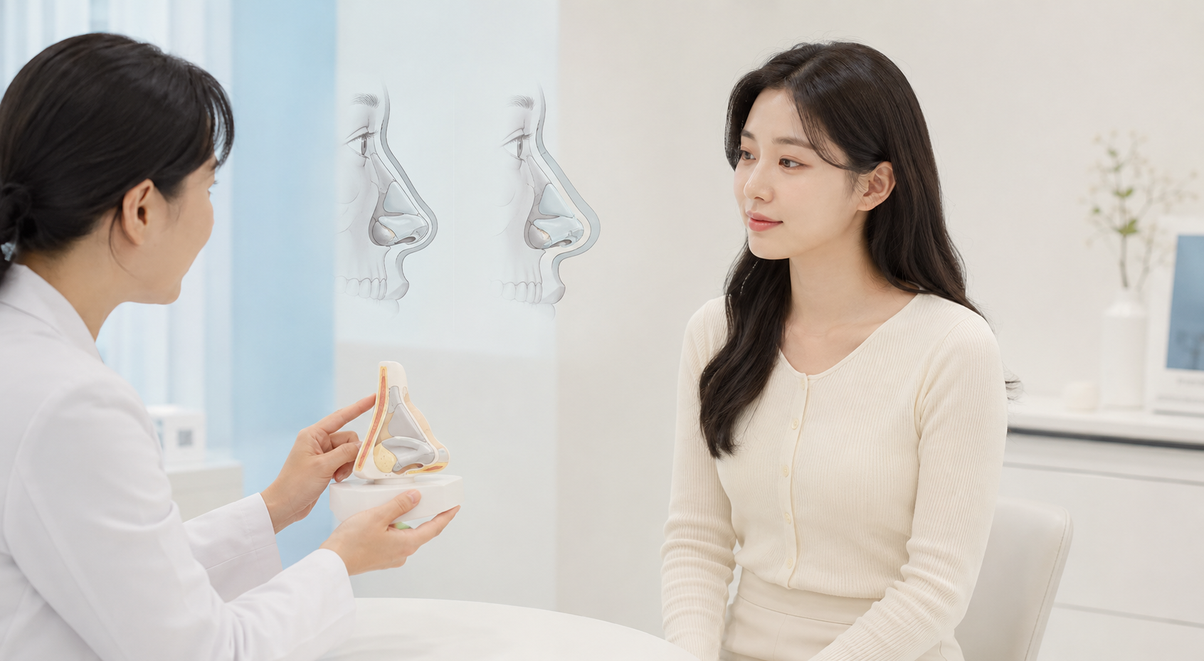 코 피부와 두꺼운 코 피부의 윤곽 표현 차이를 보여 주는 단면이미지