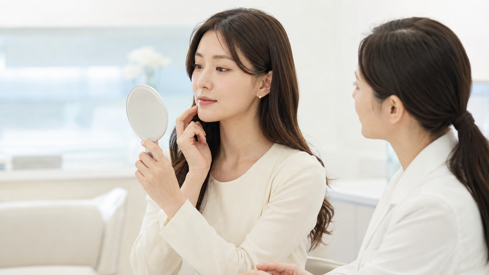 입꼬리가 처지는 원인을 상담하고 보톡스와 필러의 차이점을 설명듣는 이미지