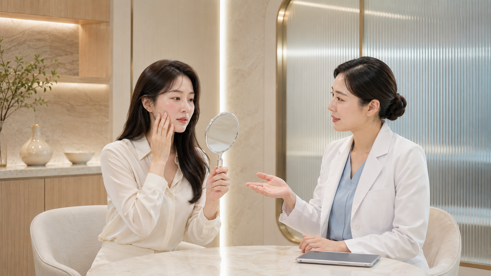 손거울로 볼의 붉은 부위를 살펴보며 의료진과 홍조 레이저를 상담하는 여성