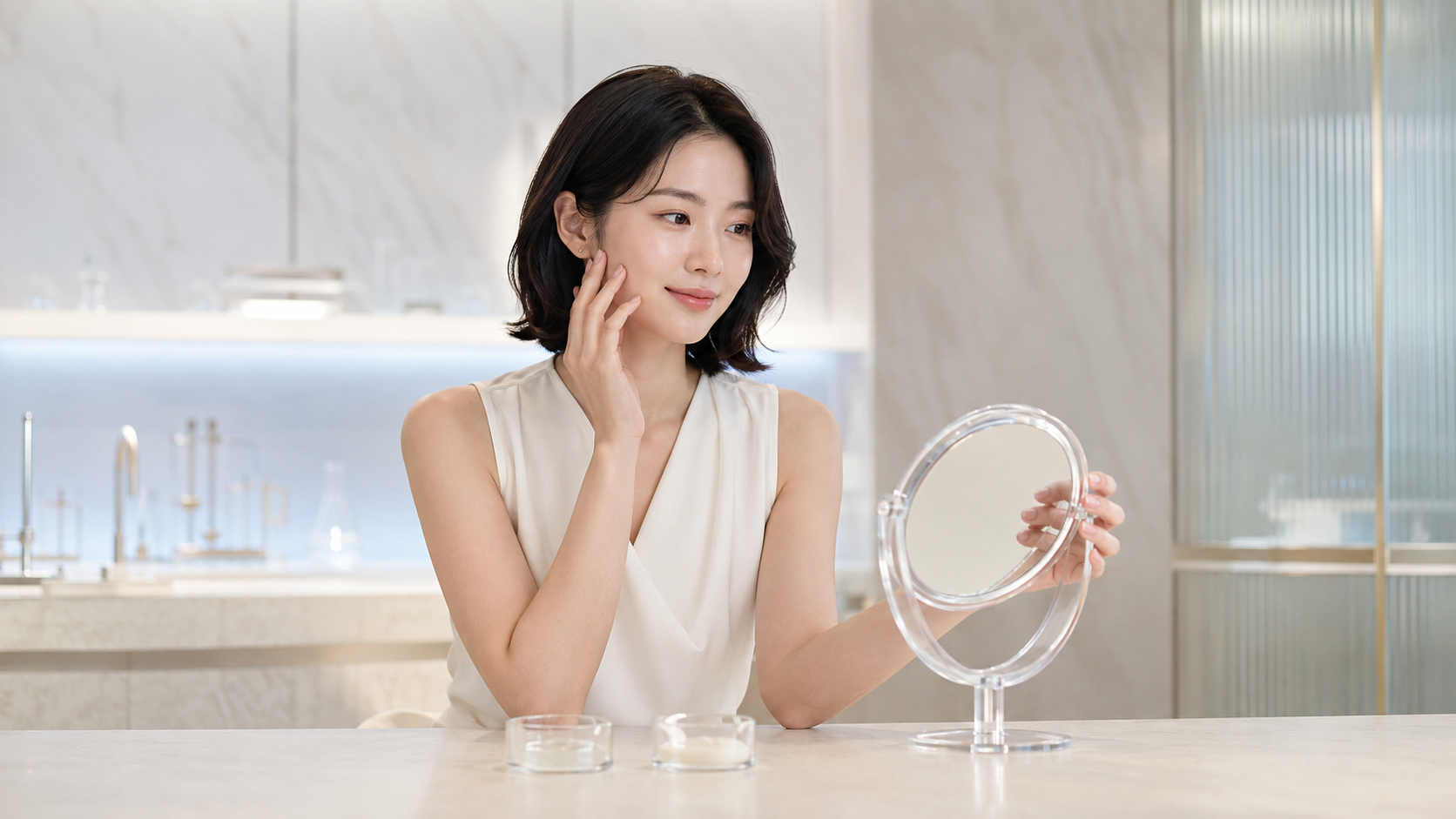 피지는 많지만 피부 당김을 느껴 거울로 피부 상태를 살펴보는 젊은 여성