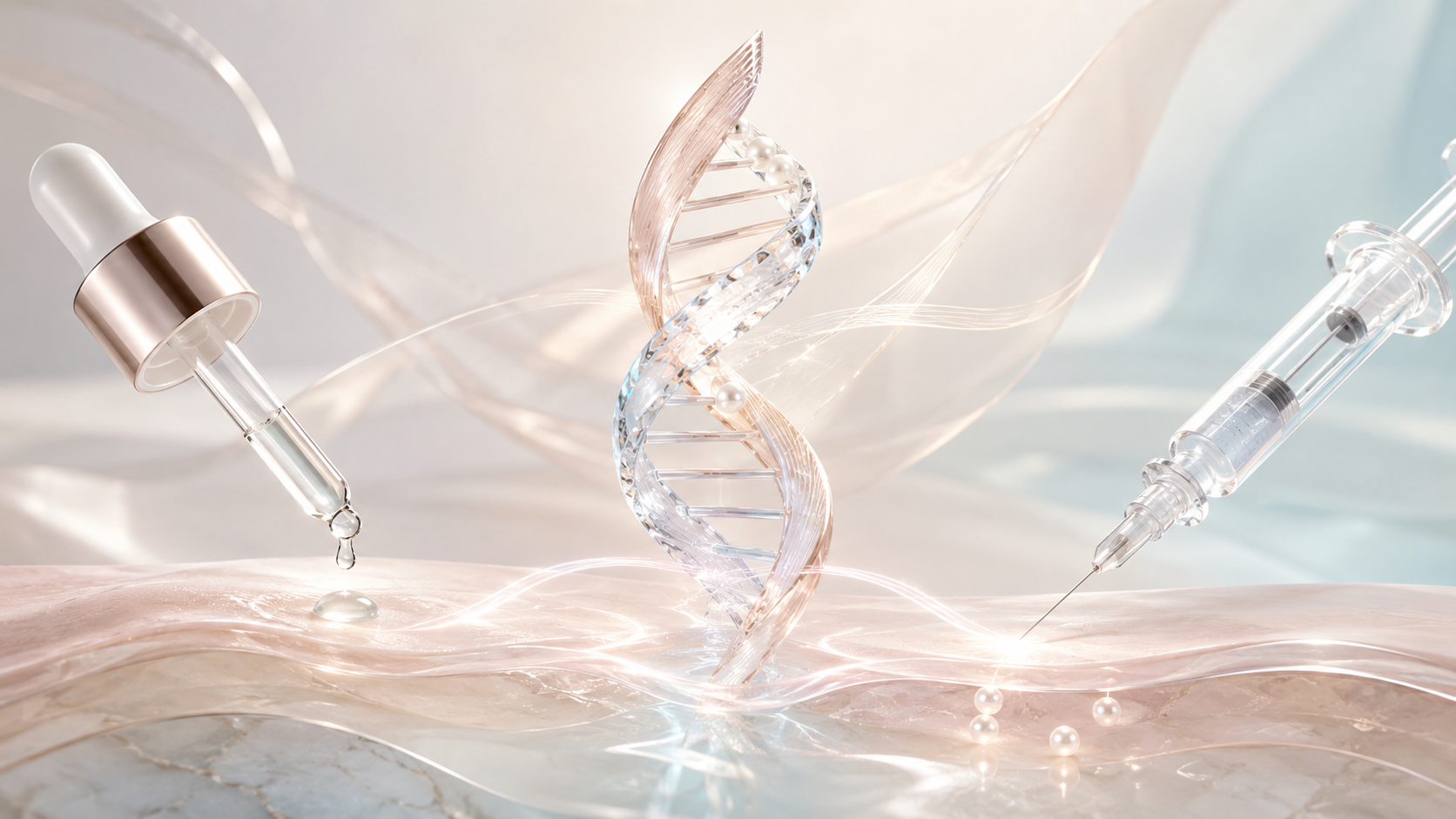 PDRN 세럼과 PN 주사의 서로 다른 피부 전달 경로를 DNA 조형물과 함께 표현한 이미지