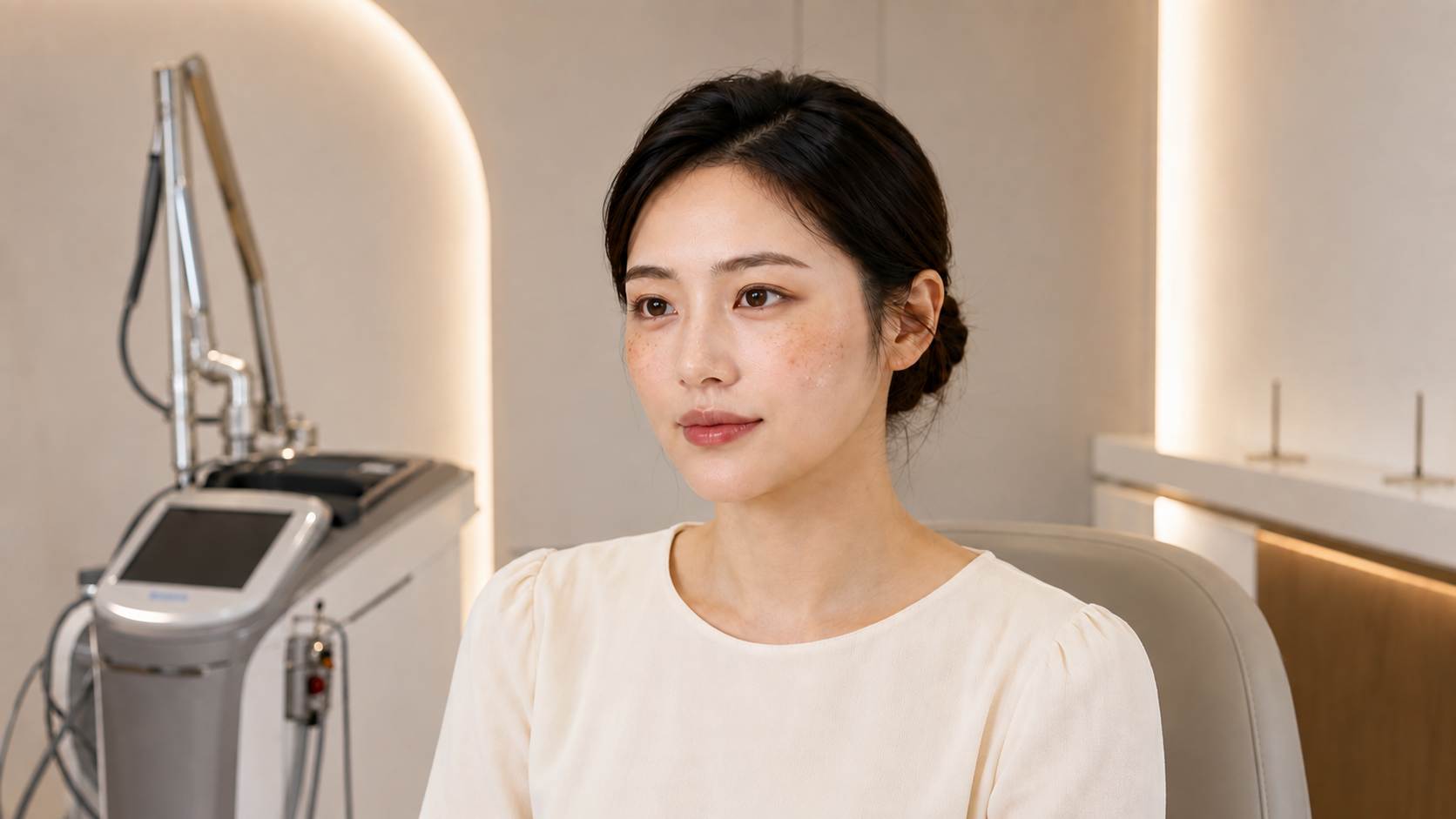 기미 레이저시술로 피부톤이 여러가지로 변한 여성이미지