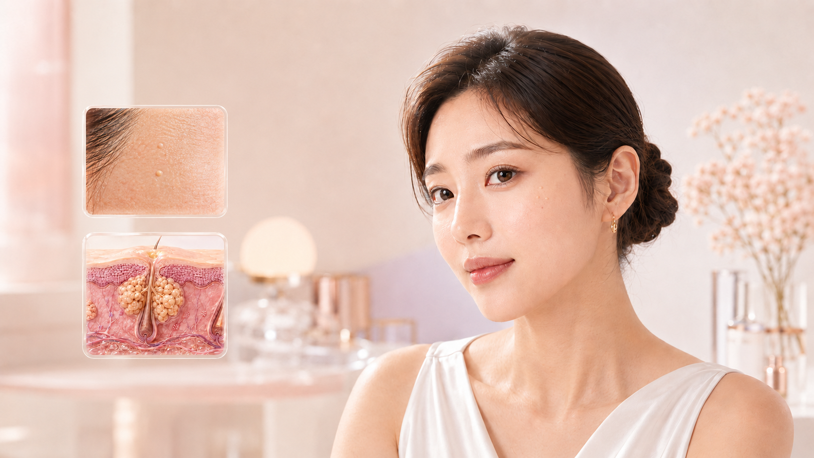 정상 피지샘과 비교해 모낭 주변 피지샘 조직이 커지면서 피부 표면에 작은 돌기가 형성되는 모습을 보여주는 피부 단면