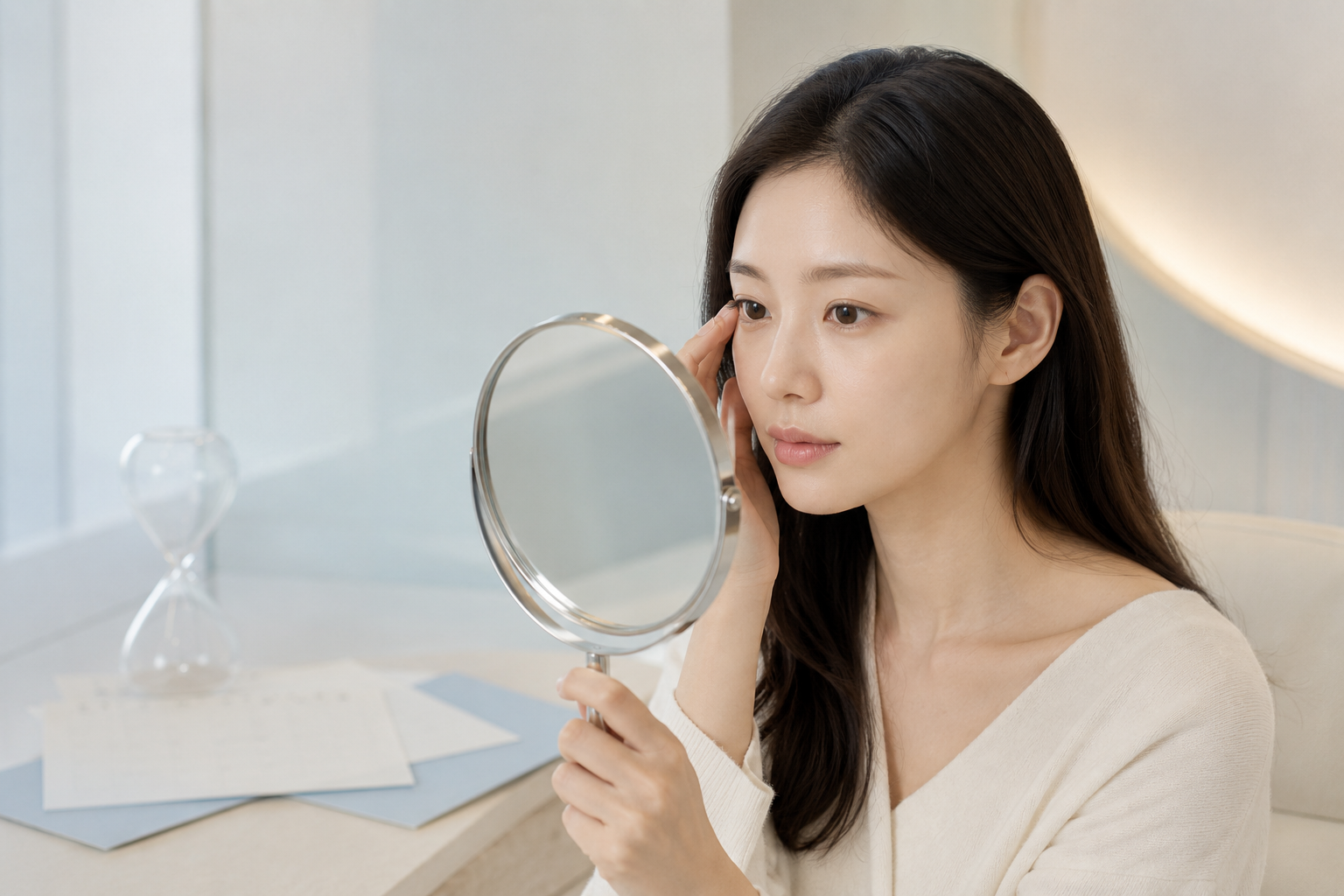 거울로 쌍꺼풀 눈매를 살펴보고 있는 이미지