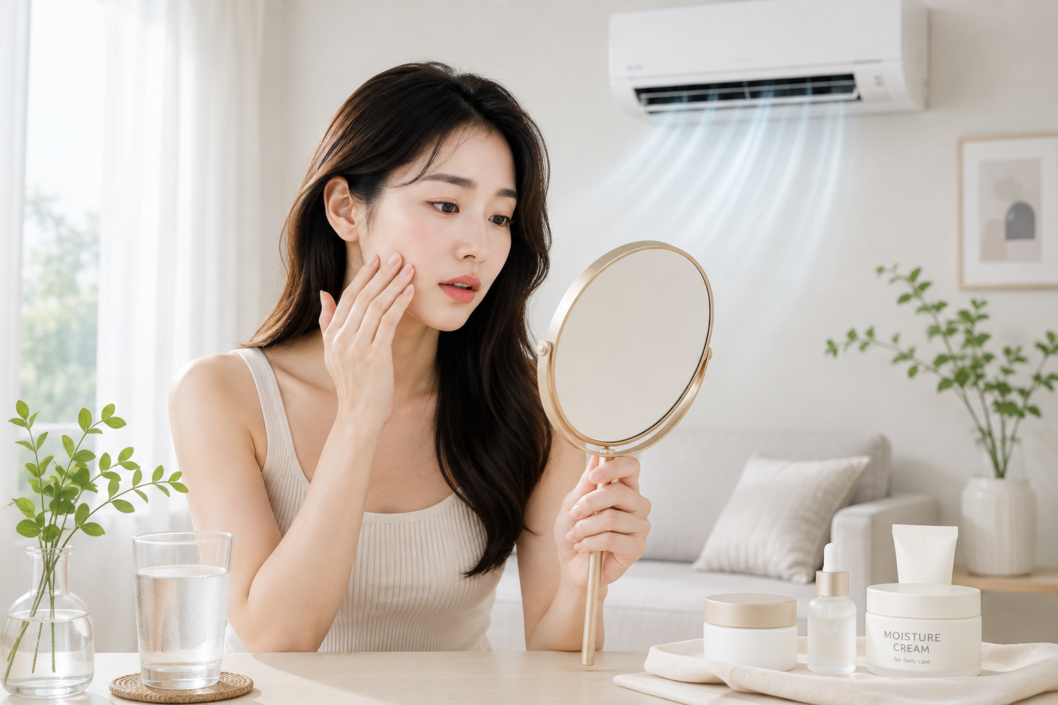 에어컨이 작동하는 가운데  볼의 건조함을 확인하고 옆 테이블에  보습 크림이 놓여 있는 이미지