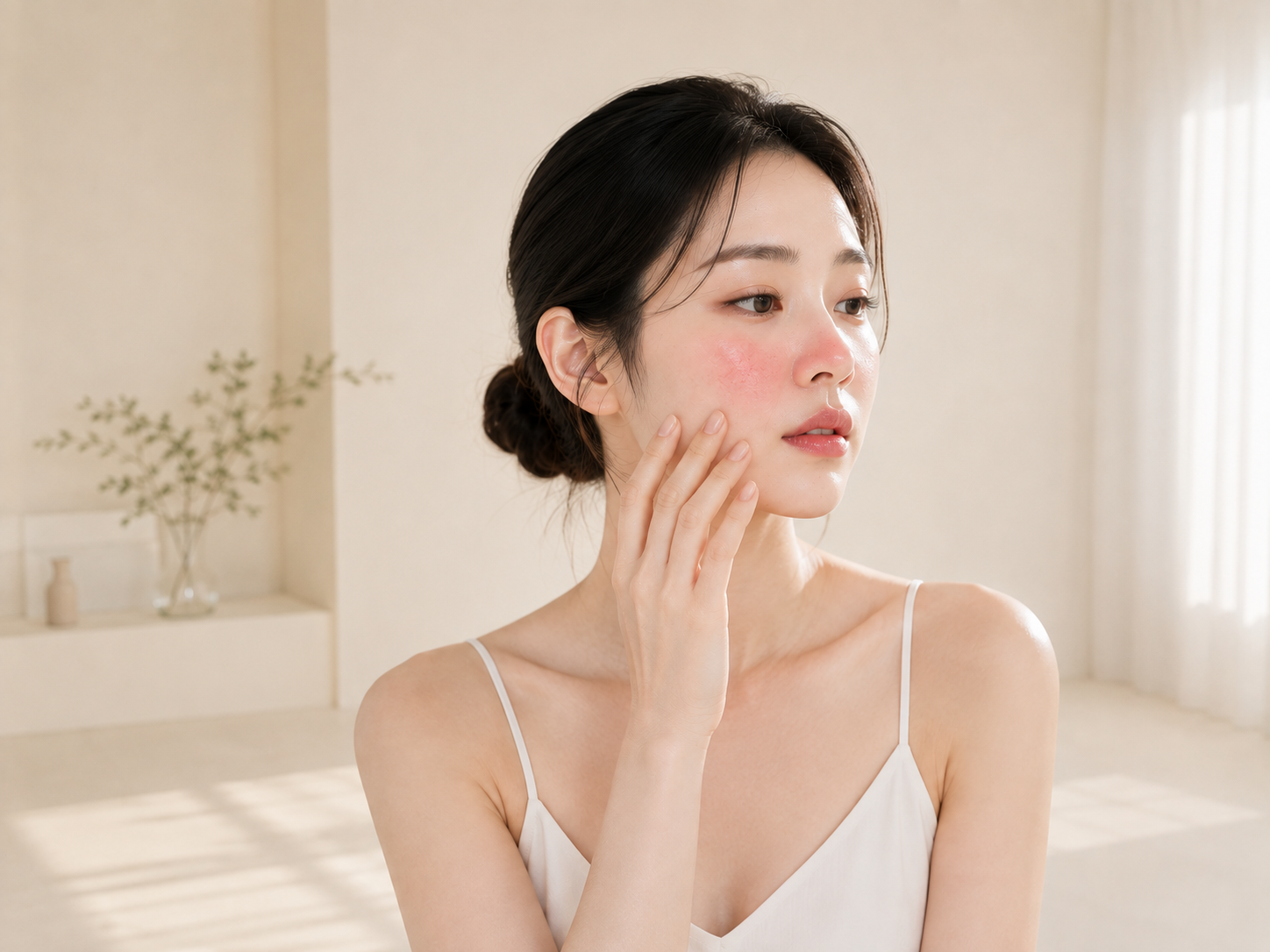코 옆과 볼의 붉어진 피부를 손끝으로 살펴보고 있는 이미지
