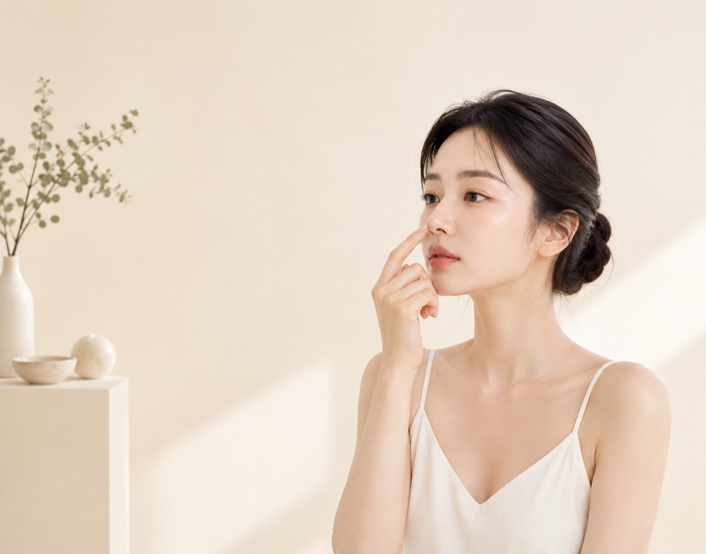 손끝으로 코끝을 가볍게 만지며 회복 상태를 살펴보는 모습