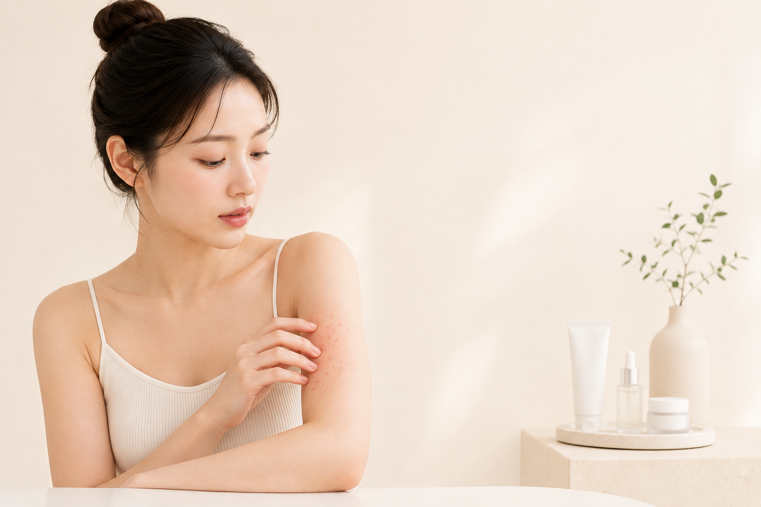 레이저 제모를 받은 팔 피부를 살펴보는 모습