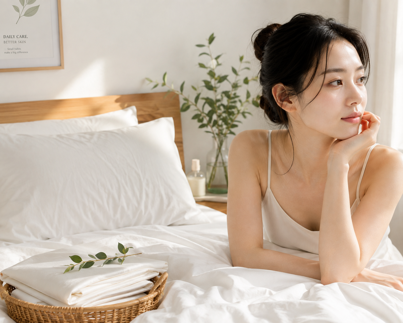침구 위생과 피부 관리의 관계를 표현한 이미지