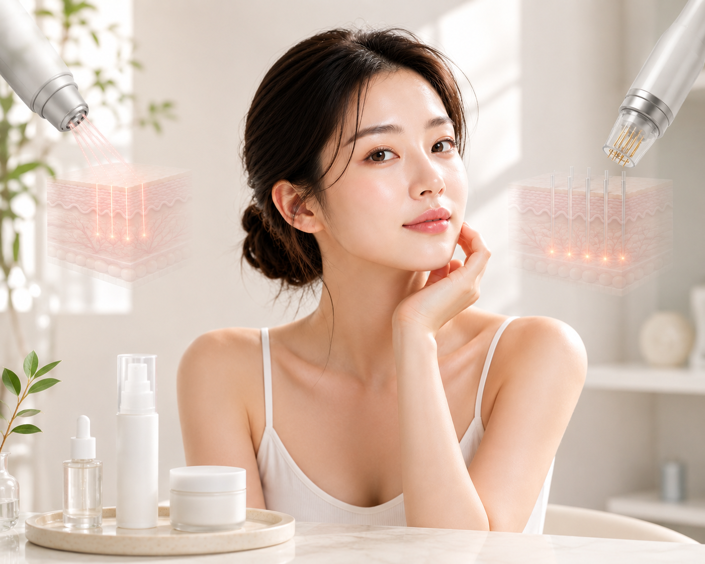 프락셔널 레이저의 미세한 빛 에너지를, 다른 쪽에는 RF 마이크로니들링의 가는 니들 팁을 자극적이지 않게 표현한 이미지