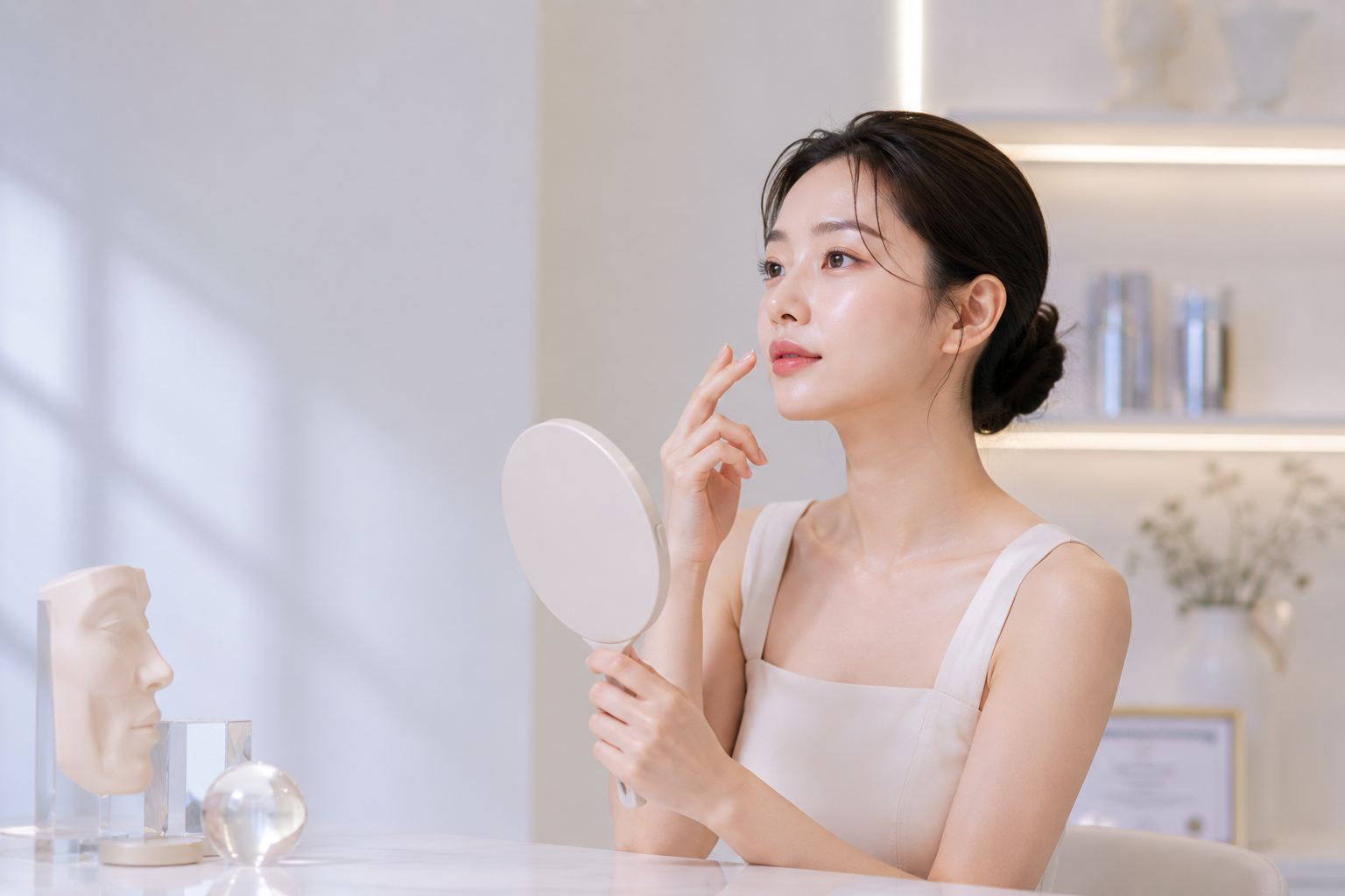 성형외과 상담실에서  여성이  팔자주름 상담받는 이미지