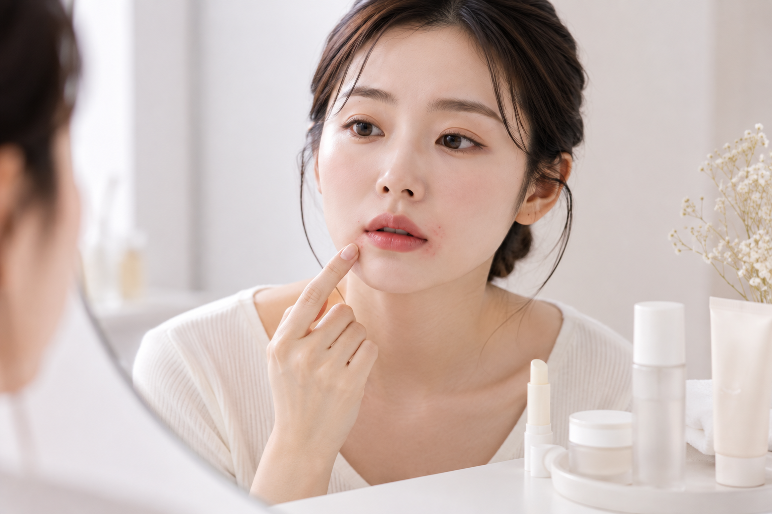 입주변이 따갑고 붉은 피부를 살펴보는 이미지