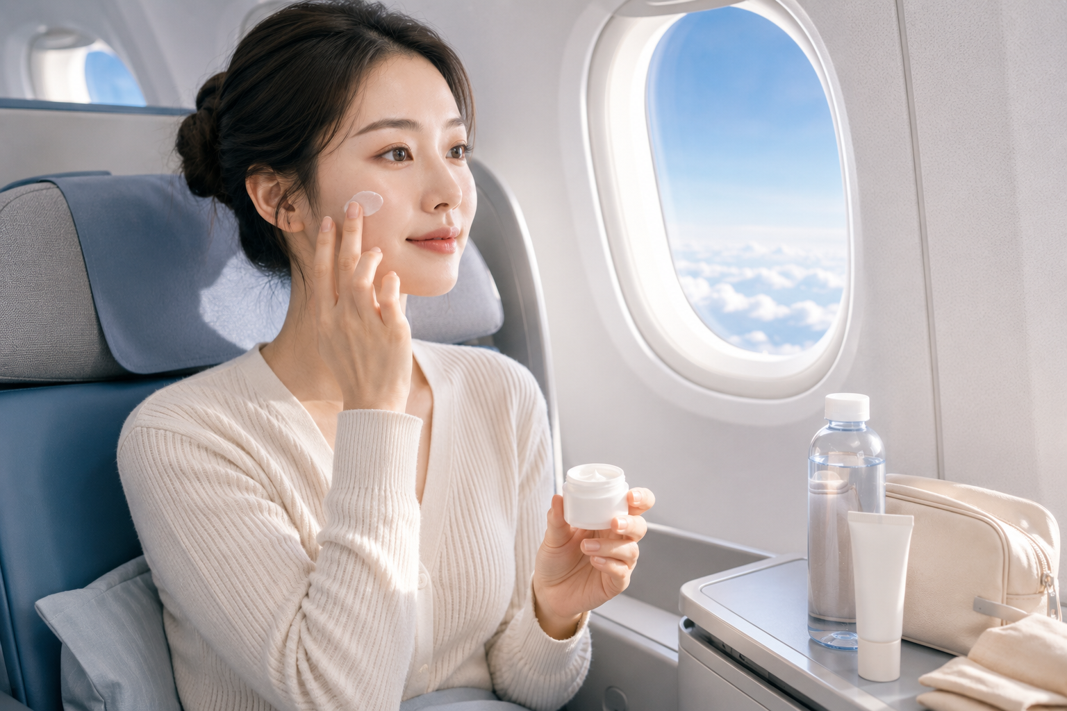 비행기내 건조한 피부를 관리하는 이미지