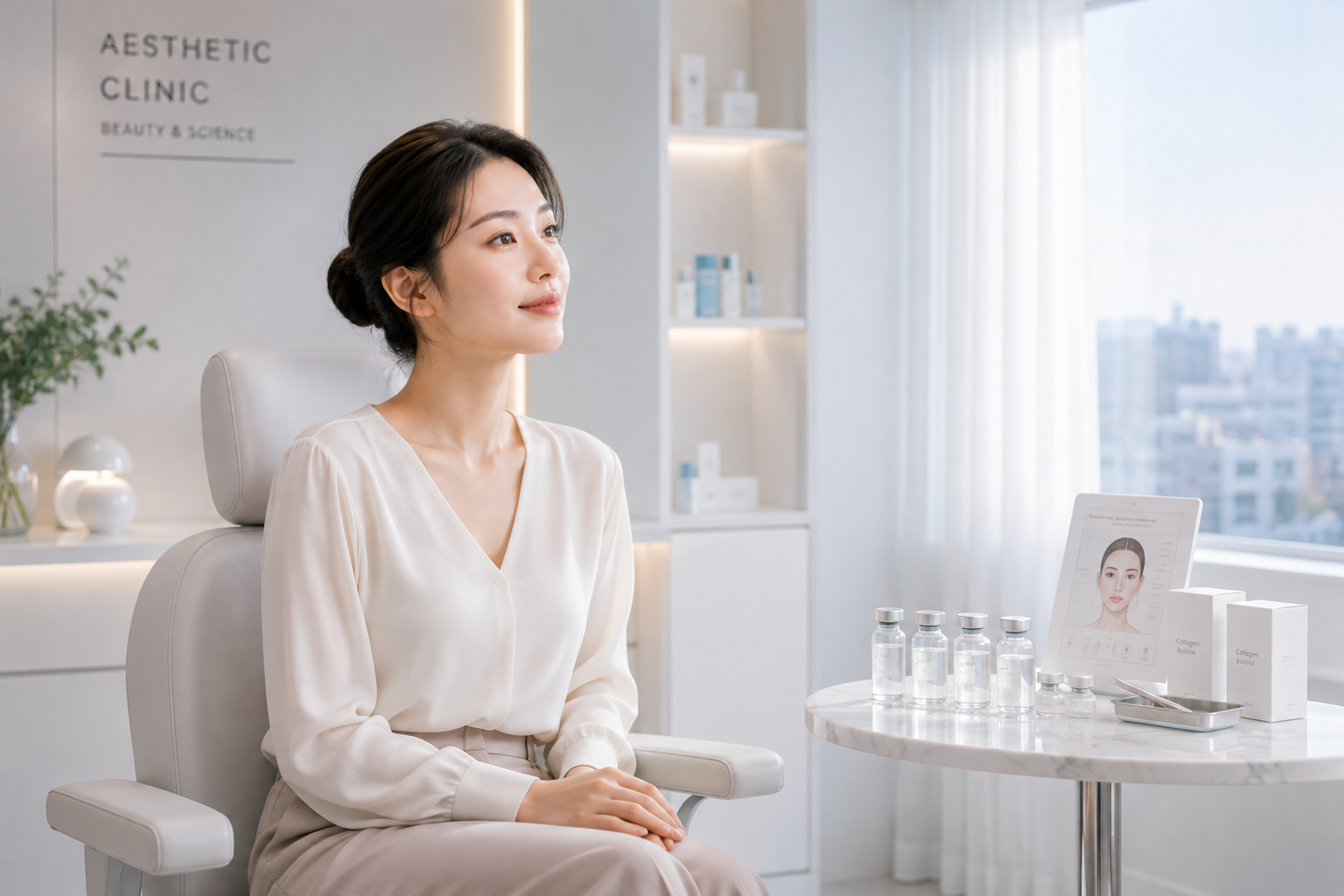 콜라겐부스터와 필러의 차이점에 대해 피부과에서 상담하는 이미지