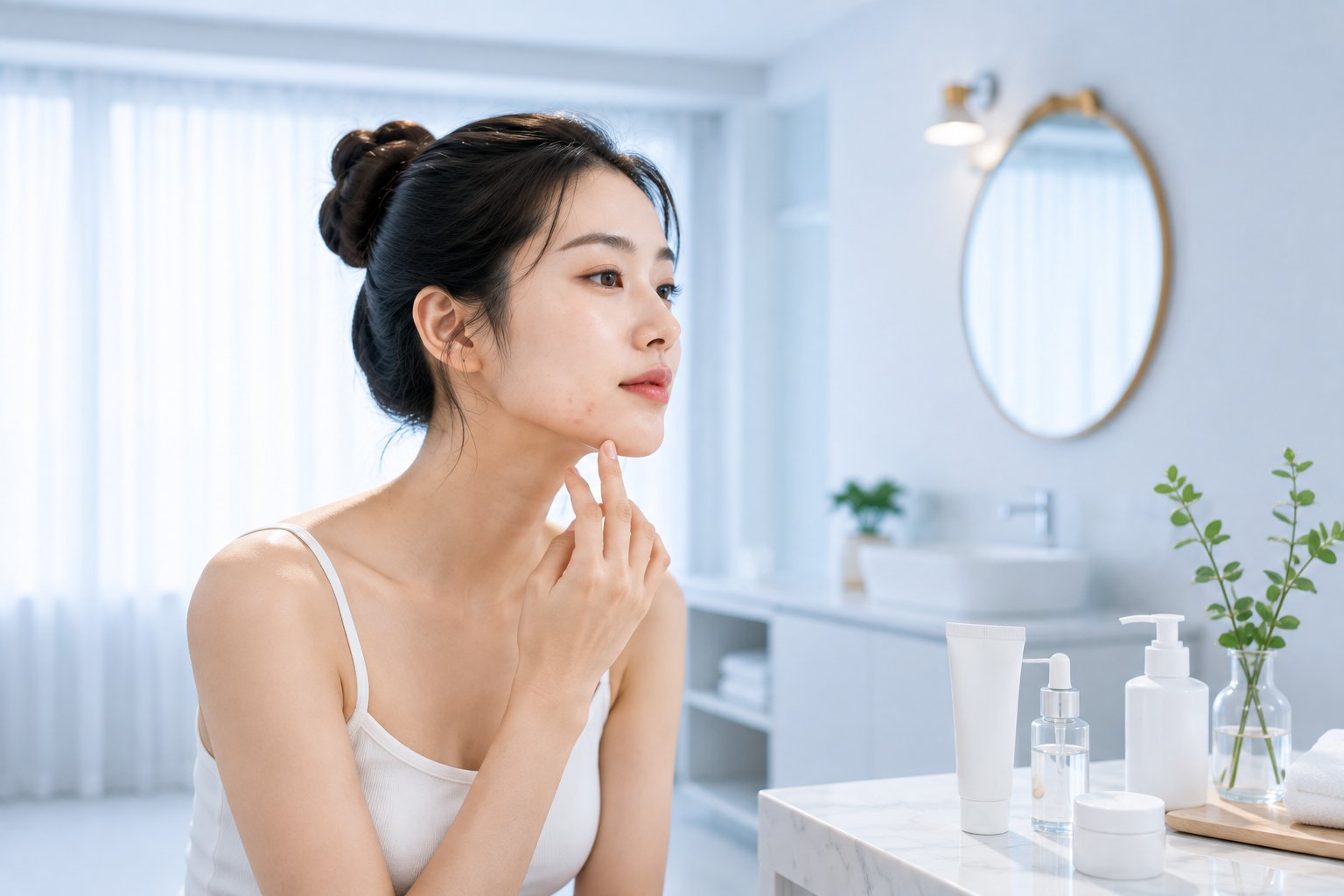 반복되는 턱 여드름으로 거울을 보는 이미지