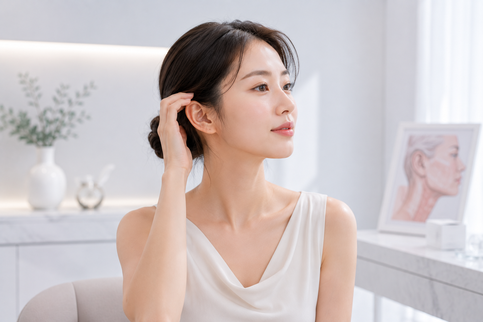 안면거상이후 달라질 수 있는 귀를 만지는 이미지